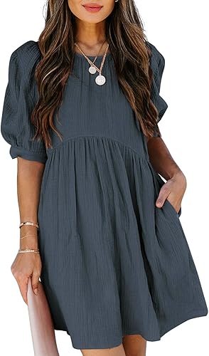Womens Summer Crewneck Puff Sleeve Babydoll Elegant Empire Waist Mini Swing Skater Dresses with Pockets