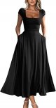 Women's Casual Short Sleeve Square Neck Solid Slim Flowy Maxi Dress with Pockets