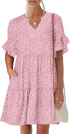Womens Summer 2025 Trendy Ruffle Short Sleeve V Neck A Line Tiered Flowy Loose Casual Mini Beach Dress with Pockets