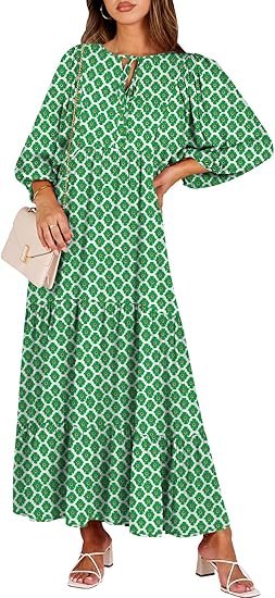 Womens Boho Maxi Dresses 2025 Summer V Neck Puff Sleeve Floral Flowy Swing Fall Casual Long Dress