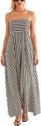 Womens Summer Maxi Dress Casual Sleeveless Square Neck Striped Beach Long Dress with Pockets