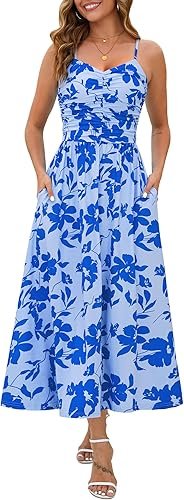 Women 2025 Summer Fall Ruched Maxi Dress Adjustable Spaghetti Strap Floral Beach Long Sundress with Pockets