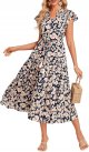 Womens Summer Floral Midi Dresses Short Sleeve Beach Wedding Guest Dress Drawstring Long Flowy Dress with Pockets