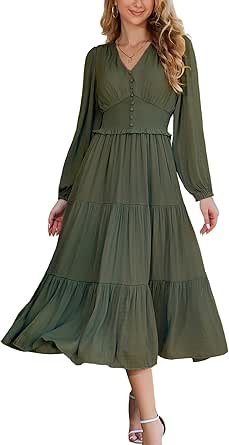 Women's Long Sleeve Flowy Maxi Dress Smocked Waist A-Line Casual Semi Formal Wedding Guest Dresses