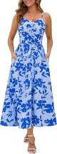 Women 2025 Summer Fall Ruched Maxi Dress Adjustable Spaghetti Strap Floral Beach Long Sundress with Pockets