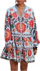 Women's Floral Print Summer Short Dresses Boho Beach Long Sleeve Button Down Flowy Smock Dress