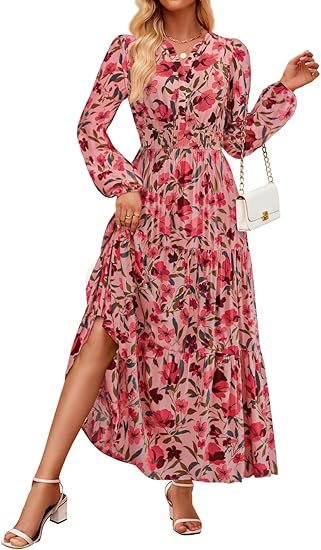 Women's 2025 Fall Long Sleeve Maxi Dress Floral Print V Neck Empire Waist A Line Tiered Flowy Boho Party Dresses