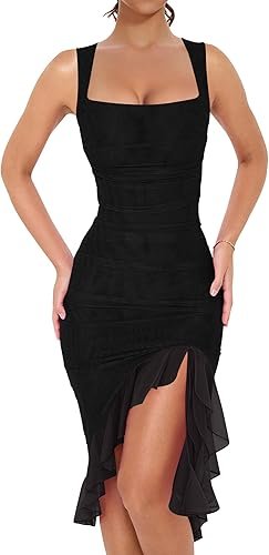 Women's Sexy Ruched Bodycon Midi Dresses Square Neck Sleeveless Ruffle Hem Club Party Tank Dress