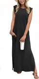 2025 Women Year-Round Casual Round Neck Loose Split Wrinkle-Free Long Maxi Vacation Dress with Pockets (XS-3XL)