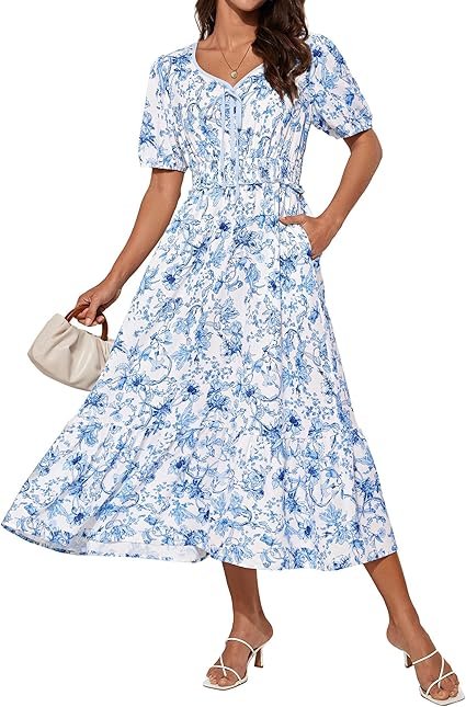 Summer Floral Flowy A Line Midi Dresses Elegant Short Sleeve Smocked V-Neck Tiered Dresses