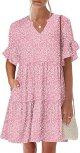 Womens Summer 2025 Trendy Ruffle Short Sleeve V Neck A Line Tiered Flowy Loose Casual Mini Beach Dress with Pockets