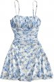 Women's Floral Print Ruched Cami Dress Spaghetti Strap Ruffle Hem Mesh Mini Dress