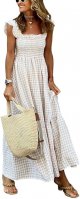 Women's Retro Plaid Smocked Dress Spaghetti Strap Flounce Long Dress