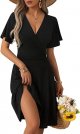 Womens Sundress Summer Floral Short Sleeve Wrap V Neck A-Line Midi Dress