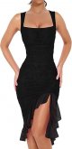 Women's Sexy Ruched Bodycon Midi Dresses Square Neck Sleeveless Ruffle Hem Club Party Tank Dress