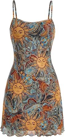 Women's Vintage 90s Mini Dress Spaghetti Strap Boho Mesh Short Dresses