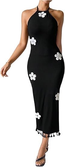 Women's Sleeveless 3D Floral Bodycon Halter Long Dress Fringe Trim Sleeveless Vacation Party Dresses