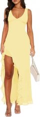 Women Sexy V Neck Sleeveless Mesh Ruffle Hem Bodycon Maxi Casual Backless High Slit Cocktail Party Dress