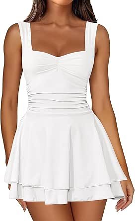 Women's Square Neck Sleeveless Mini Dress Ruched Waist Tiered Ruffle Hem A Line Short Dresses