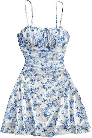 Women's Floral Print Ruched Cami Dress Spaghetti Strap Ruffle Hem Mesh Mini Dress