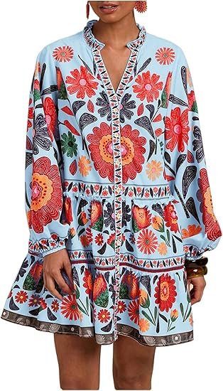 Women's Floral Print Summer Short Dresses Boho Beach Long Sleeve Button Down Flowy Smock Dress