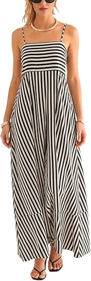 Womens Summer Maxi Dress Casual Sleeveless Square Neck Striped Beach Long Dress with Pockets