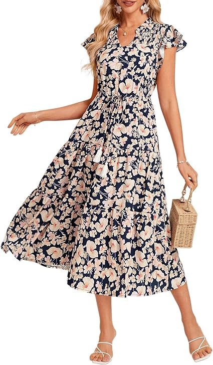 Womens Summer Floral Midi Dresses Short Sleeve Beach Wedding Guest Dress Drawstring Long Flowy Dress with Pockets