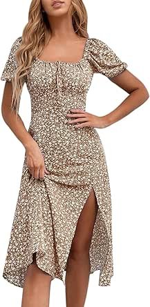 Women's Floral Summer Casual Dress Square Neck Puff Sleeve Boho Midi Dresses Ruched Bust High Waist Split Long Dress