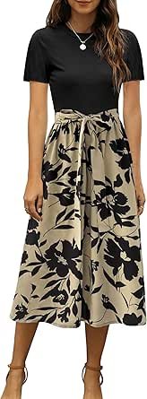 Women 2025 Summer Dress Short Sleeve Ribbed Teacher Church Modest Business Casual Work Outfits Midi Dress