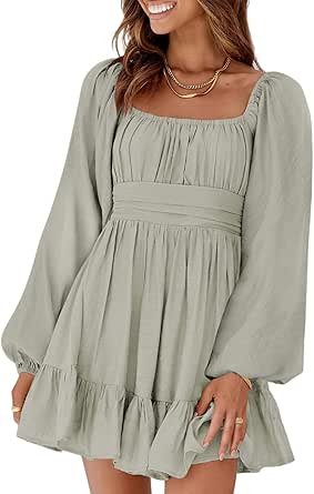 Womens Dress Long Lantern Sleeve Square Neck Tie Backless Sexy Dress Ruffle Elastic Waist A-Line Mini Dress